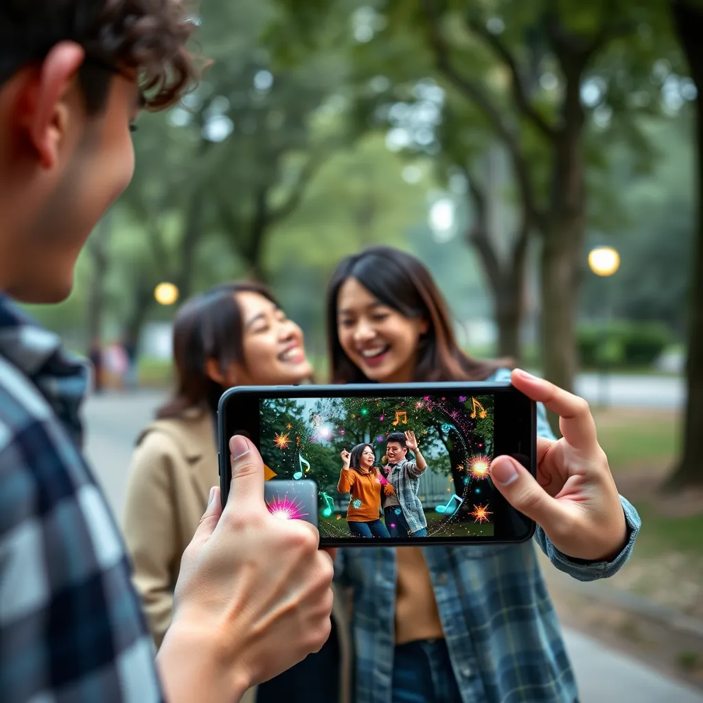 A young couple in a park, happily engaged with a smartphone showing a talking photo. In the photo, they are laughing and dancing, with animated graphics showcasing musical notes and colorful sparks around them, creating a vibrant, joyful atmosphere.