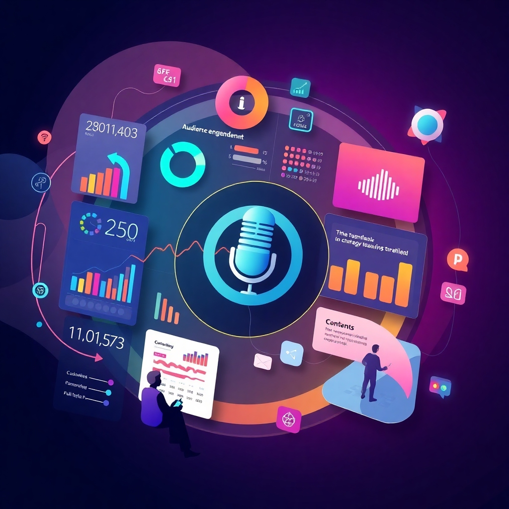An abstract depiction of a podcast chart showing statistics and analytics generated by AI. The visual includes colorful infographics and charts that show audience engagement metrics. There are also graphical representations of listeners connecting to content tailored for them. The layout is designed to be eye-catching, emphasizing the cutting-edge technology behind audience personalization.