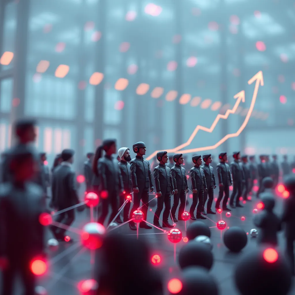 An abstract representation of scalability with a growing graph and flexible structures. Show AI team avatars expanding in number and size, suggesting quick adaptability and flexibility in a corporate environment, with dynamic elements like gears and arrows symbolizing growth.