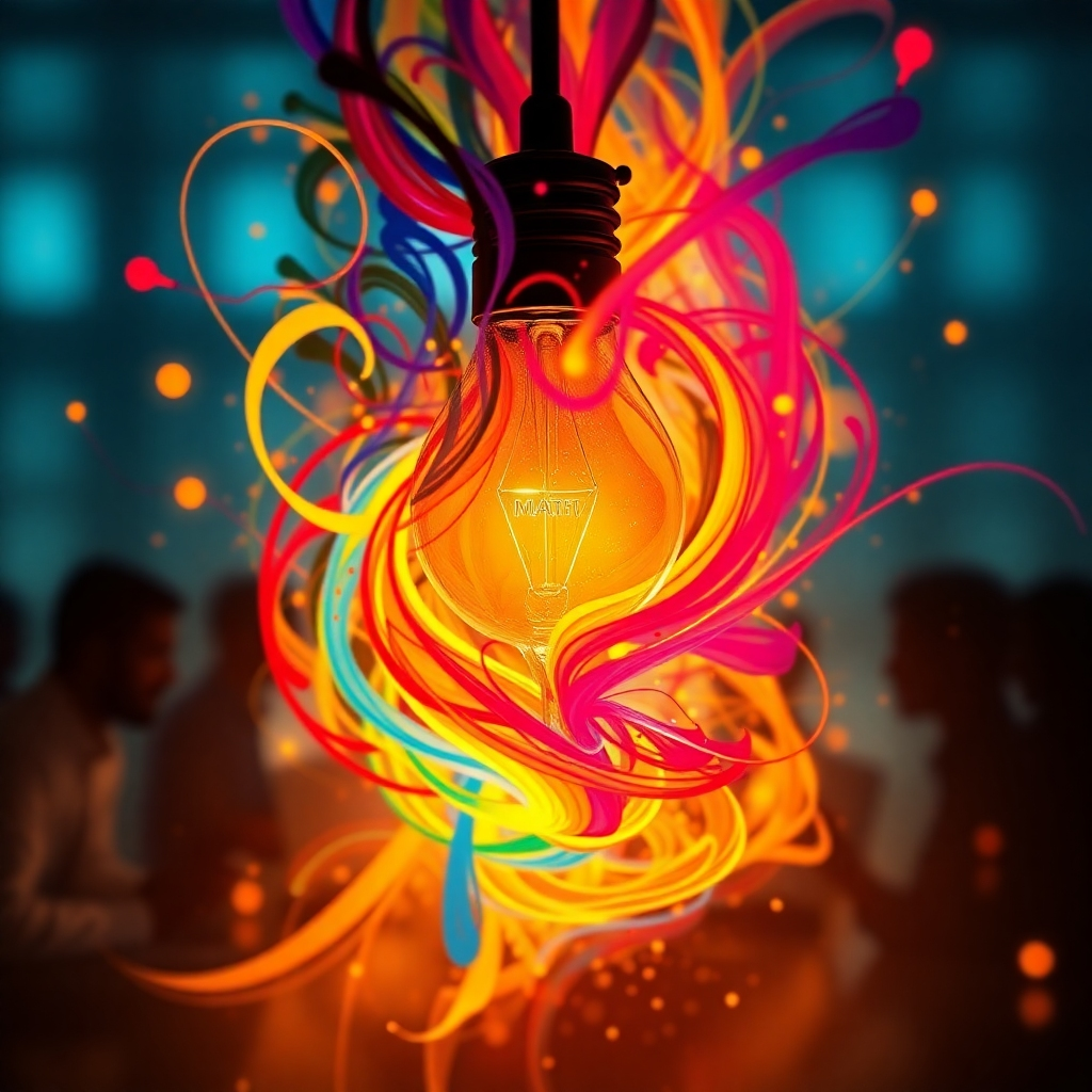 An abstract representation of creativity, featuring a light bulb surrounded by colorful swirls and patterns, symbolizing ideas and innovation. In the background, faint silhouettes of course creators brainstorming and collaborating are visible.