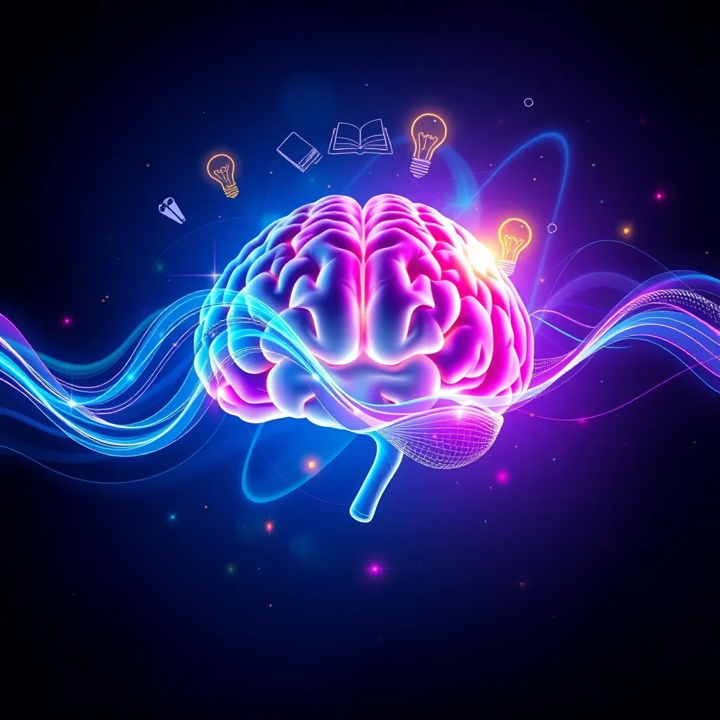 An abstract visualization of brainwaves with a graphical representation of the Theta frequency, featuring cascading waves of calming colors, such as blues and purples, swirling around a glowing brain. Symbols of learning and intuition, such as books and lightbulbs, interweave through the design.