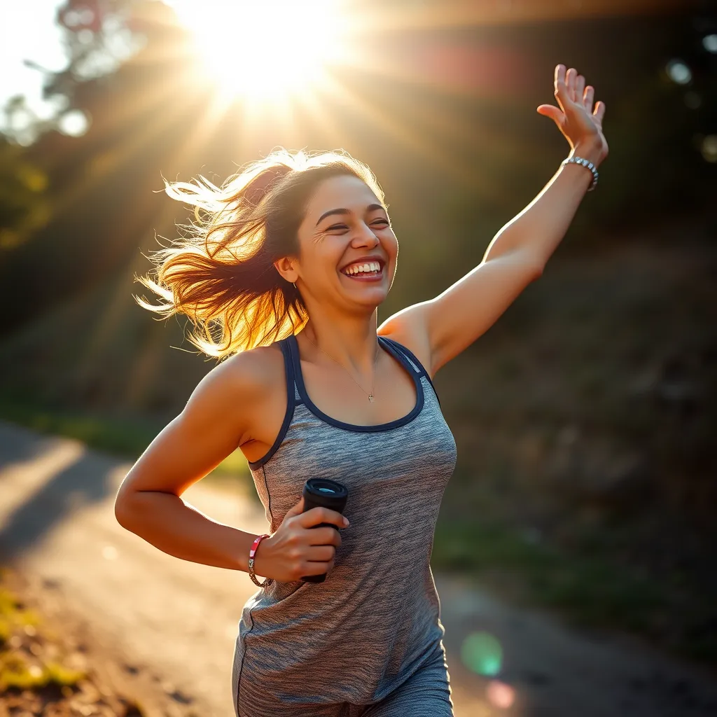 An active and joyful person outdoor, engaged in a vibrant lifestyle activity like jogging or yoga, with a backdrop of nature. Illuminating sunlight creates an aura of empowerment, symbolizing vitality and health.