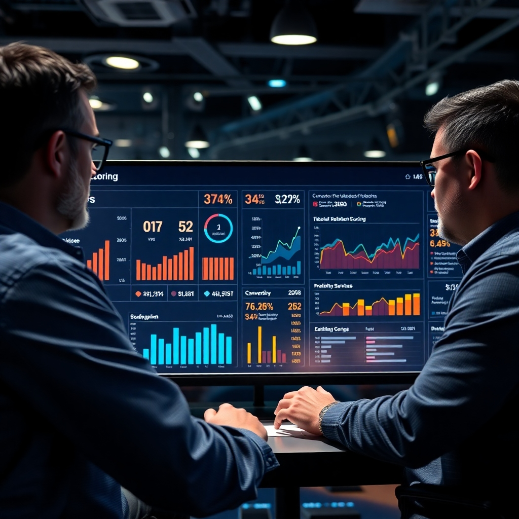 An advanced AI dashboard displaying lead scoring metrics and predictive analytics. Visualize a team of sales professionals reviewing the dashboard together, with highlighted leads and graphs showing conversion probabilities, set in a high-tech environment.