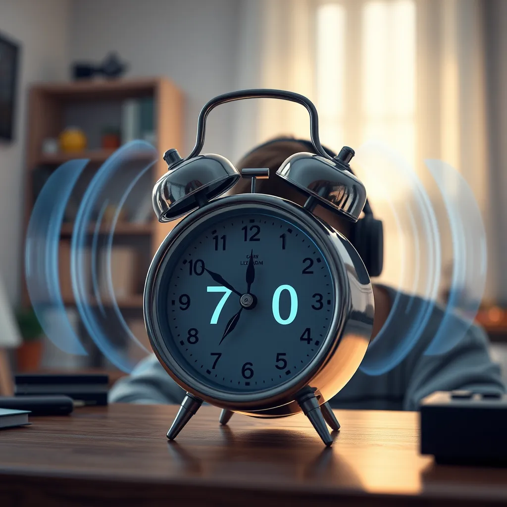 An alarm clock showing '7:00' with sound waves radiating outward. The background features a peaceful home office setup with a person wearing headphones, deeply focused while waves of visual energy flow around them, illustrating the transformation into the Theta state.