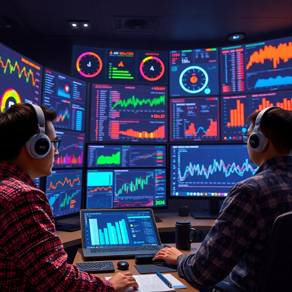 An analytical command center filled with dynamic dashboards and graphs. Include AI bots processing data in real-time, with an array of colorful visualizations. Capture an atmosphere of urgency and intelligence, with individuals analyzing data and discussing strategies in front of large screens.