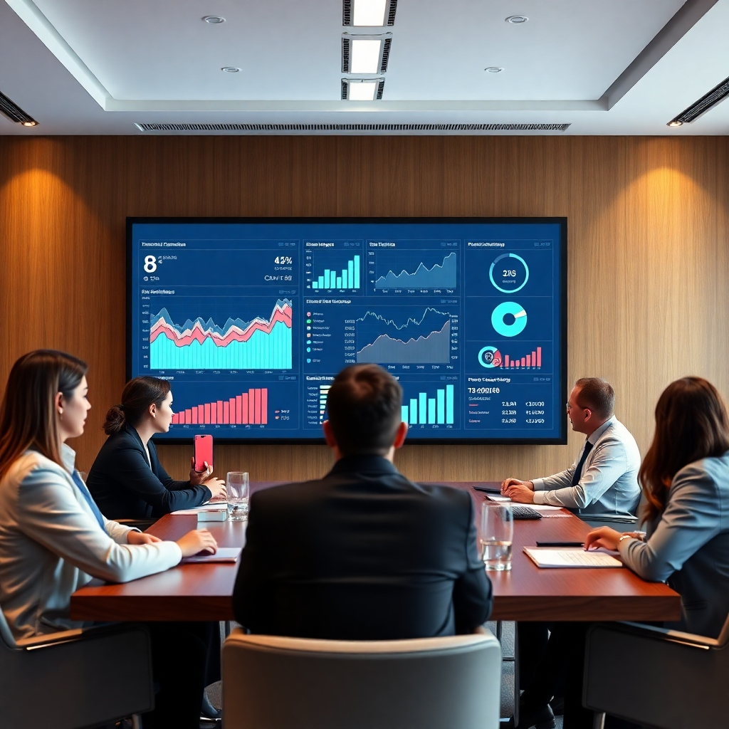 An analytical dashboard displayed on a large screen in a conference room, showcasing graphs and data trends. Business professionals are gathered around the table discussing the insights, with charts and AI elements visually integrated into the data presentation.