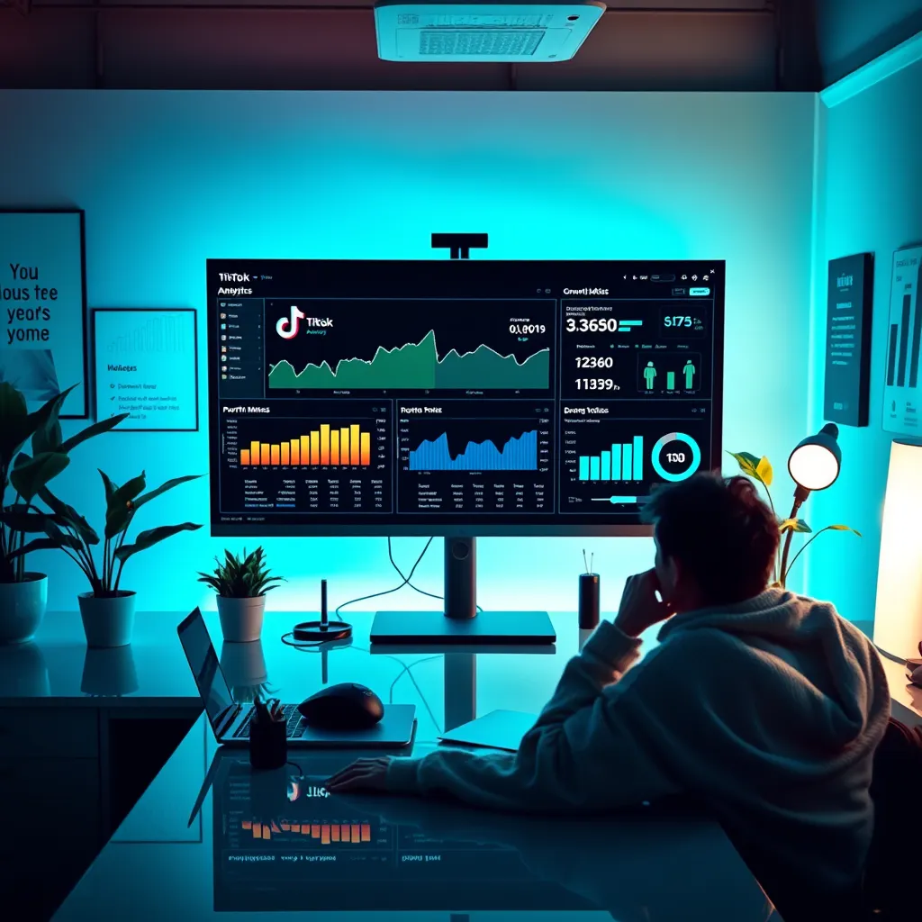 An analytical workspace showcasing a large monitor displaying TikTok analytics, surrounded by a thoughtful analyst studying growth metrics. The setting is illuminated with soft ambient lighting that creates a focused yet relaxed environment. The color scheme consists of cool blues and greens, fostering a sense of professionalism and trust. The image is captured from a frontal perspective, allowing a clear view of the monitor filled with graphs, charts, and performance data. Textures include the glass surface of the desk, the smooth design of the laptop, and the cozy fabric of the analyst's attire. Environmental elements like plants and motivational posters on the walls add warmth. The style should evoke the essence of high-tech growth analytics photography, in hyperrealistic quality, ideally at 8K resolution to detail the intricate data visualizations.