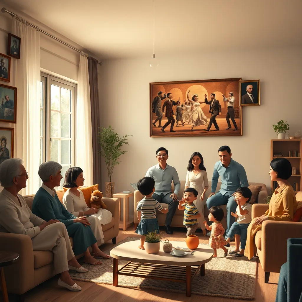 An animated family gathering, where ancestral photos hang on the wall, and one from the past is animated with figures dancing and singing. The living room is filled with modern decor, a large window letting in bright sunlight, and a sense of wonder.