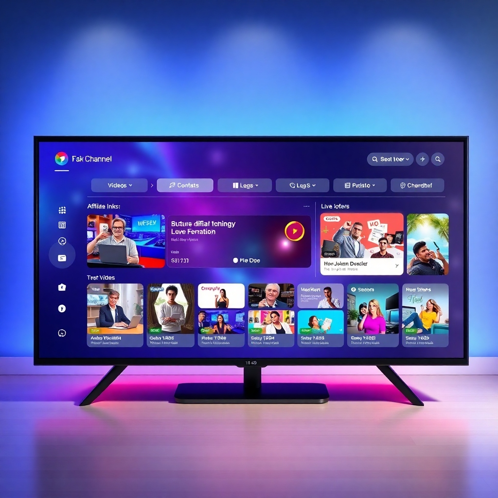 An animated layout of a TV channel dashboard with categories labeled for content, affiliate links, and offers. Show vibrant visuals representing various content types such as videos, blog articles, and live interactions, with engaging icons for viewer participation.