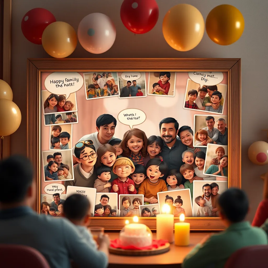 An animated photo frame filled with photos of family gatherings. Each photo has subtle motion and animated speech bubbles, with background elements like balloons and festive decor, creating a celebratory atmosphere that invites storytelling.
