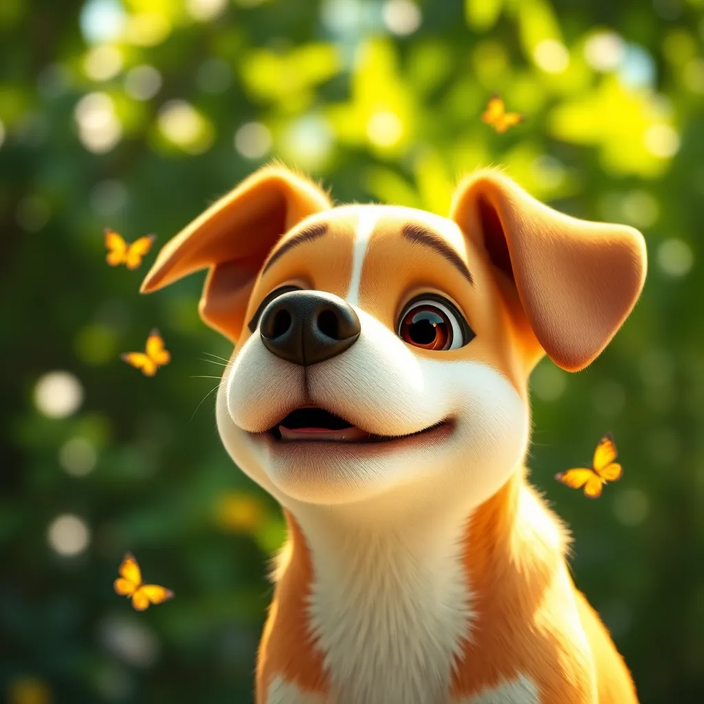 An animated portrait of a beloved pet dog, its mouth moving as it speaks sweetly. The dog is positioned against a softly blurred green garden background, with dappled sunlight filtering through the leaves, creating playful bokeh effects. The color palette is vibrant, featuring sunny yellows and greens, enhancing the cheerful mood. The camera angle is at eye level to create an intimate connection with the viewer. The texture of the dog’s fur is incredibly detailed, emphasizing its softness and shine. Surrounding elements include playful butterflies fluttering, which accentuate the lively atmosphere. Rendered in ultra-high definition, showcasing astonishing realism in every detail, with character expression complexity akin to Pixar animations.