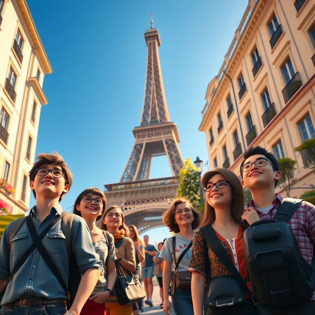 An animated travel scene highlighting memories from a famous landmark, like the Eiffel Tower, bustling with life. The composition includes animated tourists marveling at the site, showcasing diverse expressions of awe and joy. Bright daylight illuminates the scene with dramatic side lighting, casting long shadows that add depth. The color palette is vibrant, featuring blue skies contrasted with the soft beige of the buildings. A bird's-eye view perspective captures both the iconic landmark and the animated people below. Textures include the stonework of the tower and the varied fabrics of the travelers' attire. Environmental elements like street vendors with colorful stalls, flowers, and trees in the background enhance the charm of the scene. Inspired by travel photographers, this image is hyperrealistic and presented in 8K resolution.