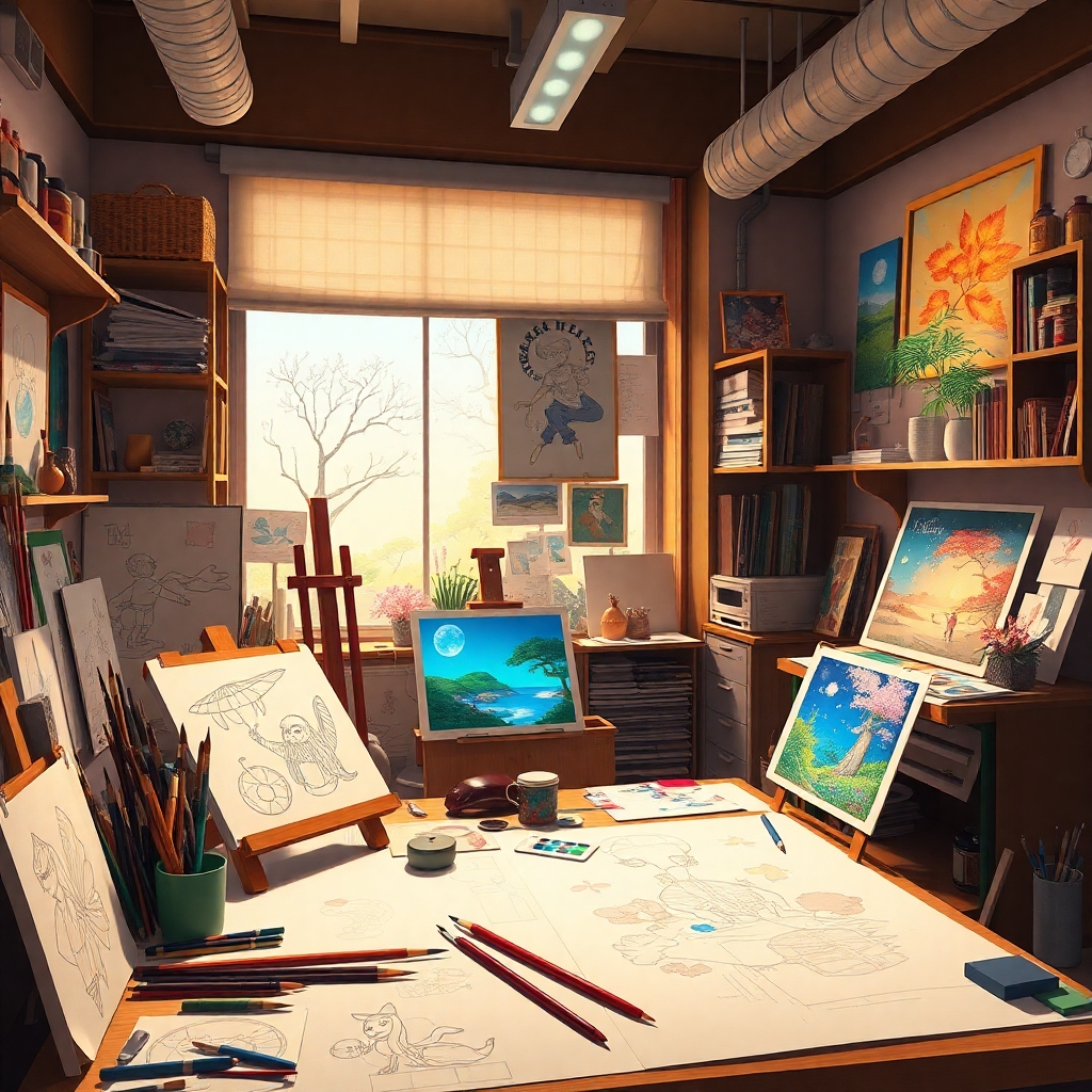 An art studio showcasing the artistry behind crafting animations, surrounded by sketches, paintbrushes, and vibrant creations. The lighting is warm, inviting a sense of creativity and collaboration. The color palette features a mix of soft tones and vibrant hues. The angle captures the intricate details of the artworks, emphasizing the textures of paper and digital screens, creating a high-quality masterpiece that connects the viewer to the Ghibli spirit.