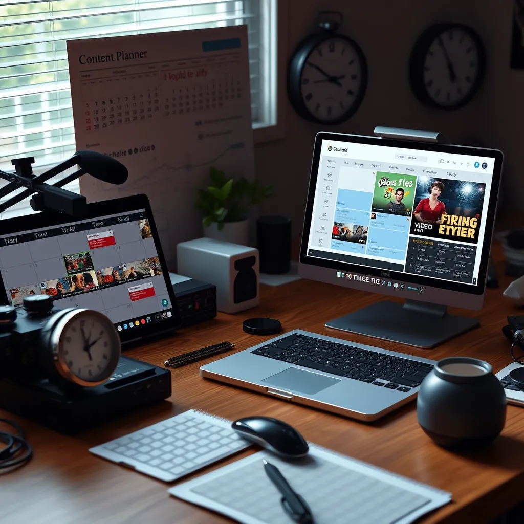 An artistic depiction of a content planner's desk featuring a calendar with scheduled video broadcasts, a laptop displaying editing software, and streamlining tools. Include visuals of clocks and schedules emphasizing time management.