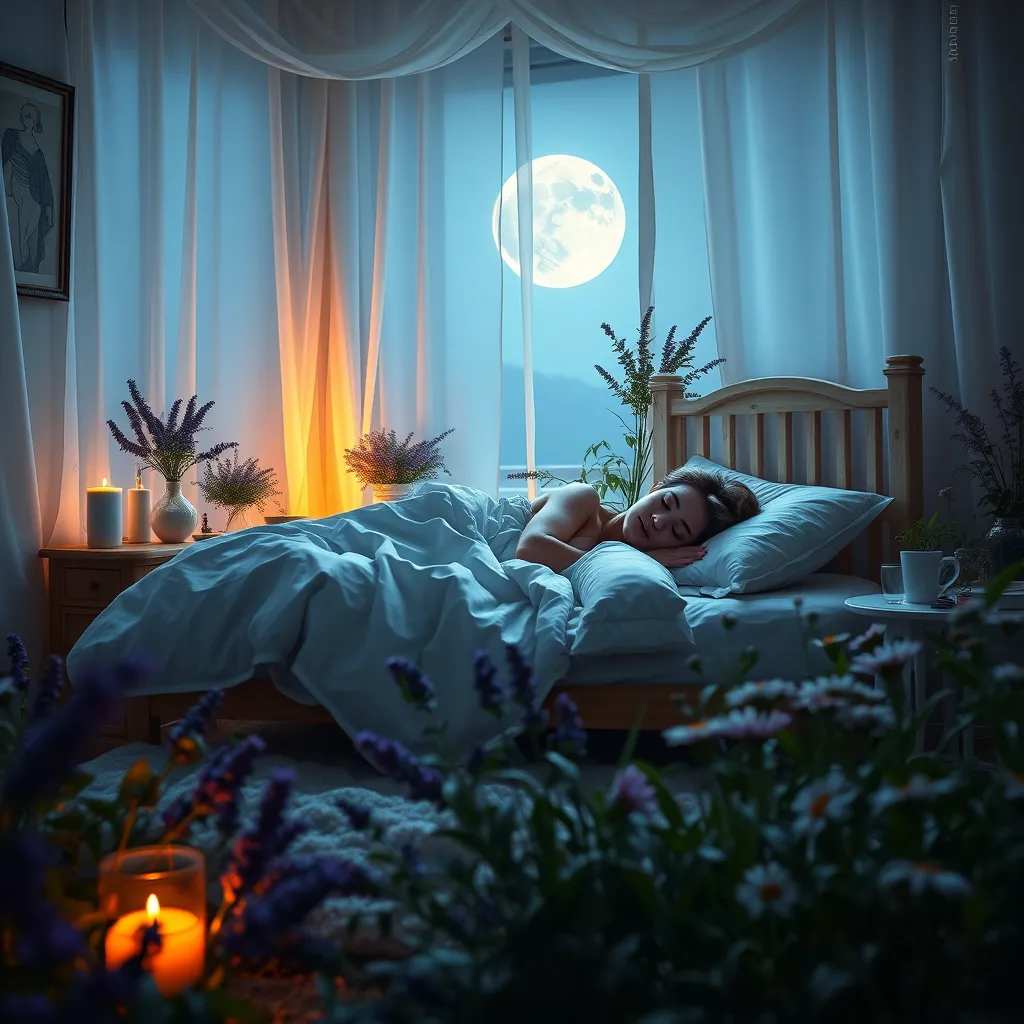 An artistic depiction of a serene bedroom with a person peacefully sleeping, surrounded by herbs and natural elements like lavender and chamomile. The room is softly illuminated by moonlight, conveying tranquility and restful ambiance.