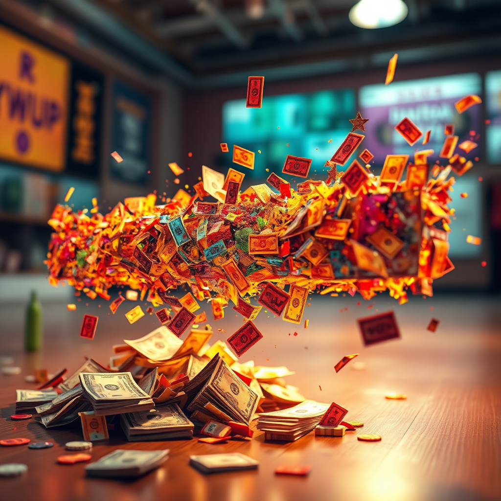 An artistic representation of keywords transforming into vibrant artwork that morphs into cash. The environment should be lively and colorful with a blend of warm and cool tones. The camera angle should capture the transformation in a dynamic way, with texture details enhancing the fluidity of the transition from words to art to dollars. This high-quality image should inspire creativity and entrepreneurial spirit.