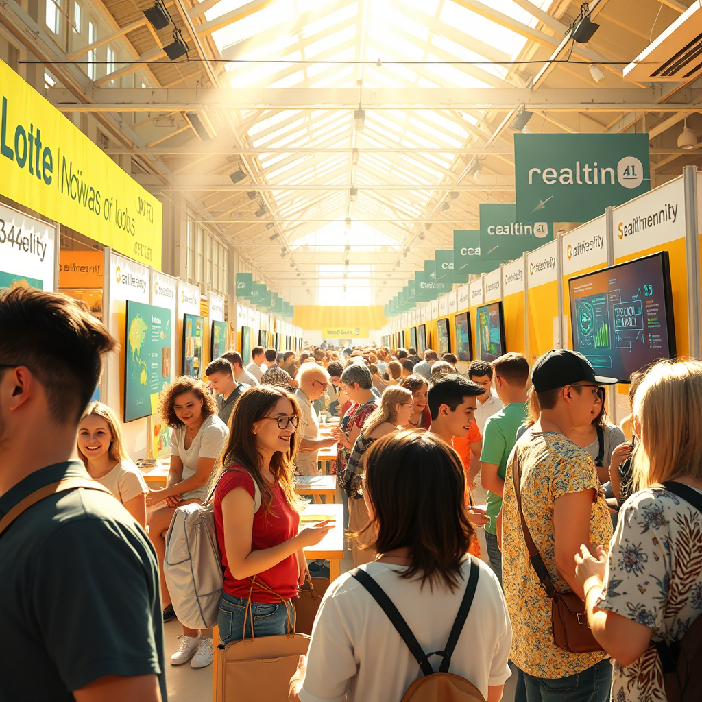 An artistic representation of a community event showcasing local businesses implementing AI solutions. The environment should be vibrant and filled with engaged locals. The composition should include booths displaying AI products and happy interactions among visitors and business owners. Daylight filtering in gives a warm, festive atmosphere, showcasing community spirit. The color palette involves sunlit yellows and greens. Details include digital screens showcasing real-time data and interactions, crafted in a high-resolution format.