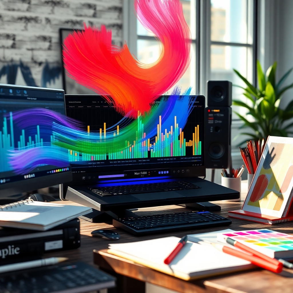 An artistic representation of audio clips being animated into visuals. The composition features audio editing software with animated sound bars cascading into vibrant visuals that mimic artistic brush strokes. The setting is a modern, creative workspace bathed in natural light, enhancing the colors of the animations. Textures of the workspace provide depth, while playful elements like sketchbooks and color palettes complement the theme.