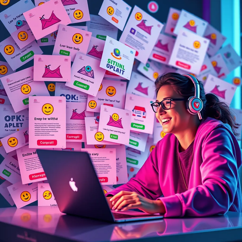 An artistic representation of an email inbox overflowing with colorful and attention-grabbing emails. Each email features vibrant graphics, emojis, and animated buttons. A user happily interacts with a futuristic AI interface on a laptop, highlighting the simplicity of campaign creation.