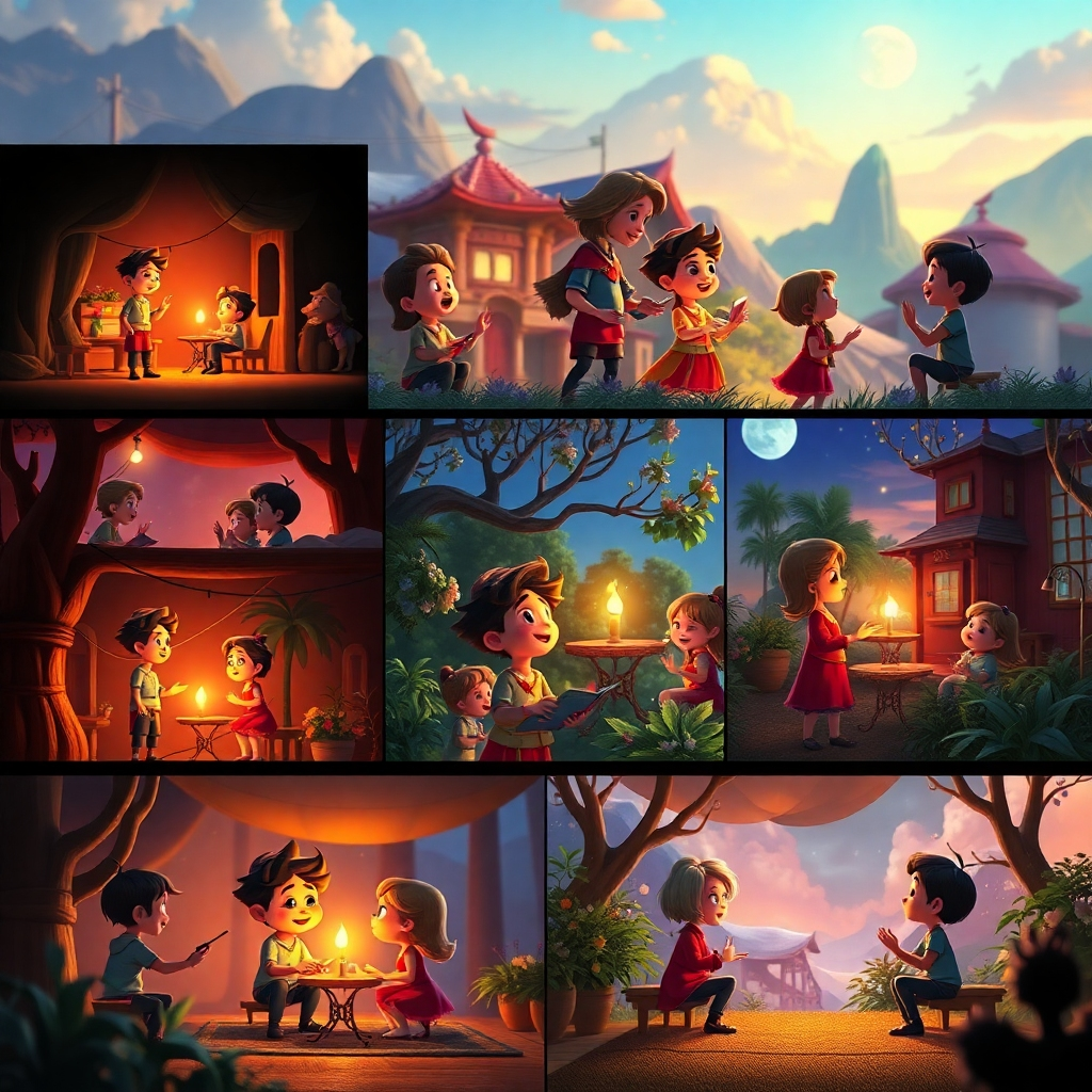 An artistic representation of a storyboard created with the AI tool, displaying a series of images blending together with animated characters in various scenes. Each frame illustrates characters in different settings, engaging in storytelling and singing, showcasing creative potential with vibrant colors and imaginative backgrounds.