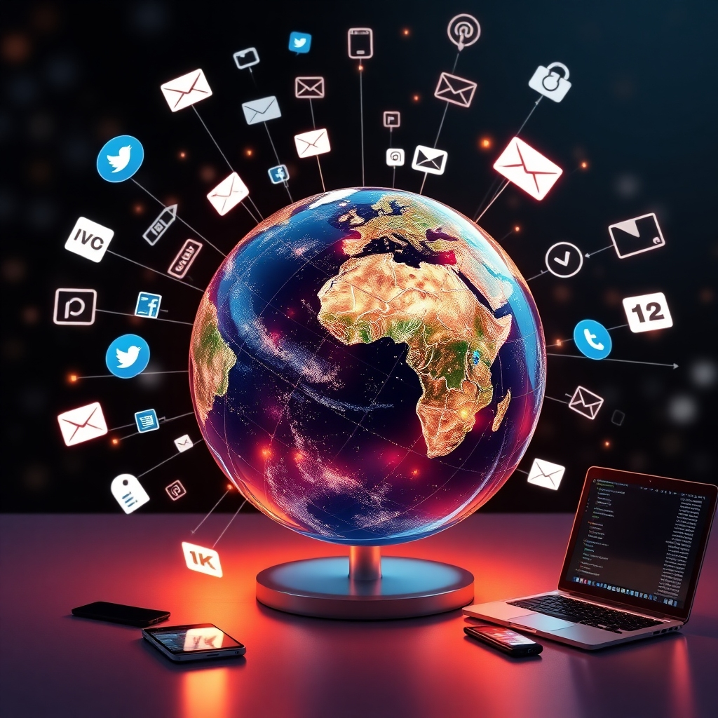 An artistic representation of a globe surrounded by digital icons for social media, email, and websites. Show rays of light connecting the globe to various devices like smartphones and laptops, symbolizing the global reach of marketing efforts powered by LeadCreator AI.