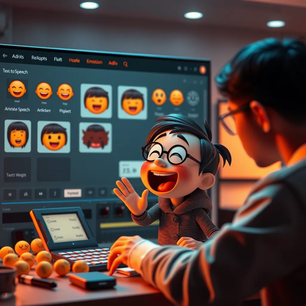 An artistic representation of a video editing workspace filled with icons representing various emotions and text-to-speech options. Showcase a user interacting with the tool, customizing an animated character as the character expresses different emotions, like excitement and curiosity.