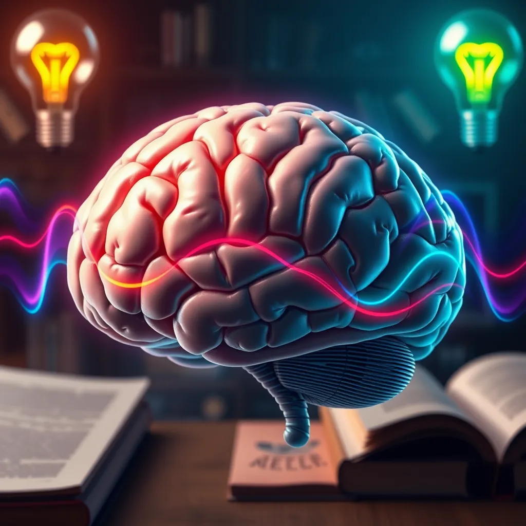 An artistic representation of a brain with visible, colorful waves emanating from it, illustrating the concept of brainwave entrainment. The background includes imagery of books and lightbulbs to symbolize learning and creativity.