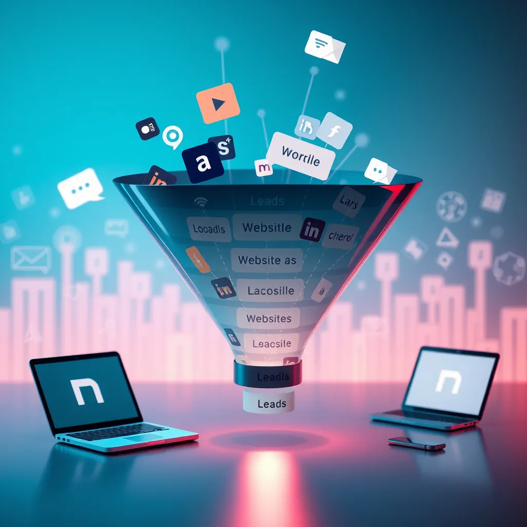 An artistic representation of a digital funnel with leads flowing in from various sources like social media, websites, and ads. The funnel effectively sorts the leads into various categories, with icons of laptops and smartphones in the background, highlighting the digital aspect.