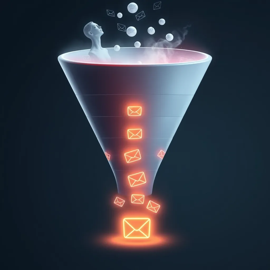 An artistic representation of a funnel with leads entering at the top, transforming into happy, engaged customers at the bottom. Visual elements like email icons flowing down the funnel, glowing with an aura of success, symbolize conversions.