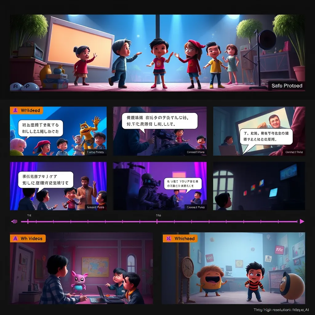 An artistic representation of a storyboard featuring various scenes from a video made with Talking Photos AI, showcasing characters coming to life. Include elements like text-to-speech buttons, vibrant colors, and a clear timeline to indicate video editing processes.