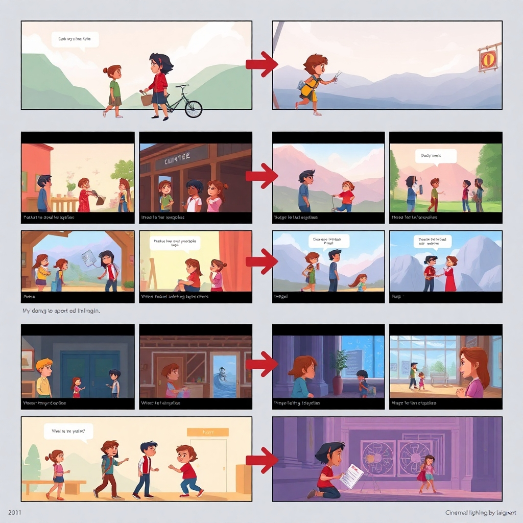 An artistic storyboard layout displaying a sequence of animated scenes featuring various characters transitioning seamlessly, with bright colors, clear scene descriptions, and arrows indicating movement, emphasizing the narrative flow of the Talking Photos technology.