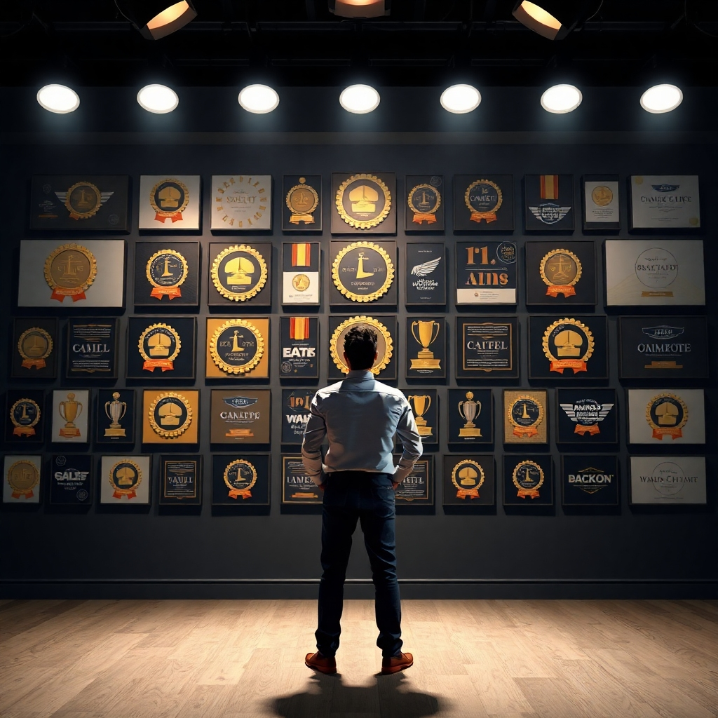 An aspirational scene depicting a designer standing proudly in front of a wall filled with award-winning designs, symbolizing success and potential. The lighting is atmospheric with spotlights on the designs, creating a celebratory feeling in the space. The color palette is elegant, using golds and whites to signify achievement. This photo-realistic imagery represents the journey towards a prosperous design career through the power of MagicDesigners Suite.