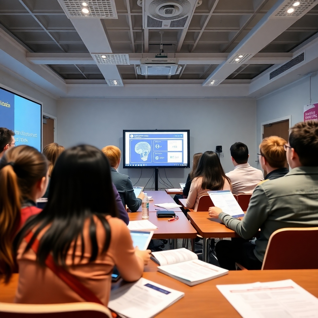 An educational scene depicting a workshop in progress with participants attentively following along with a presentation on AI video tools. The room is well-lit, with instructional materials provided for each participant. Energetic colors and engaging visuals highlight the focus on learning, with a crisp, professional look suitable for high-quality imagery.