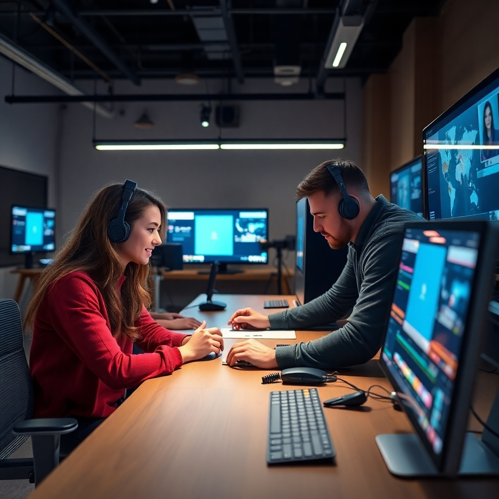 An efficient workspace featuring a streamlined production process, showcasing AI video tools in action. A team of creators utilizes state-of-the-art technology, working together in sync. The lighting is bright and focused on the digital displays, enhancing the modern feel. The camera angle is slightly elevated, providing an overview of the collaborative process. This image represents the benefits of optimized workflows through AI integration.