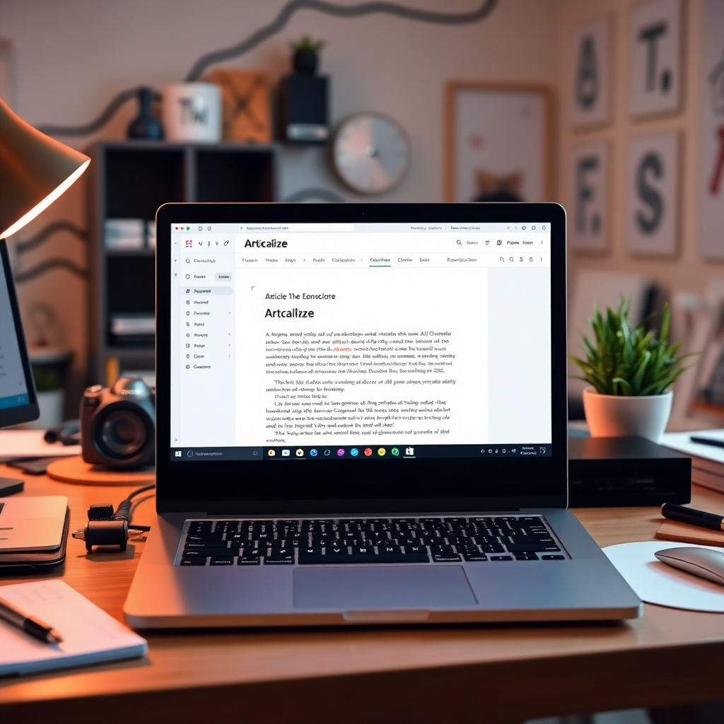 An efficient workspace with a laptop displaying Articalize AI in action, showing an article being auto-generated. The atmosphere is energetic yet organized, with a clean design and cutting-edge tools around. The lighting is bright, inspiring productivity, with an emphasis on modern design elements that resonate with today’s digital writers captured in vibrant detail.