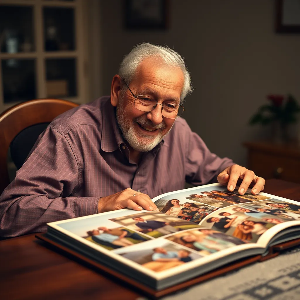 An elderly man sitting at a dining table, smiling as he looks at a family photo album filled with images of happy memories. Soft warm lighting enhances nostalgia, with colorful family pictures in focus to symbolize retained memories.