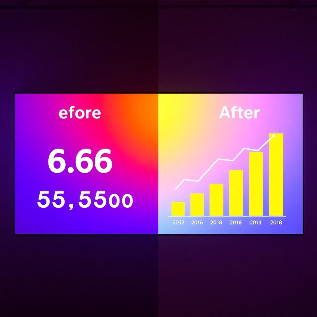 An elegant split-screen showing before and after results of course conversions. The left side displays low engagement figures, while the right shows improved stats with upward trends. Use bright, eye-catching colors to signify growth and success.
