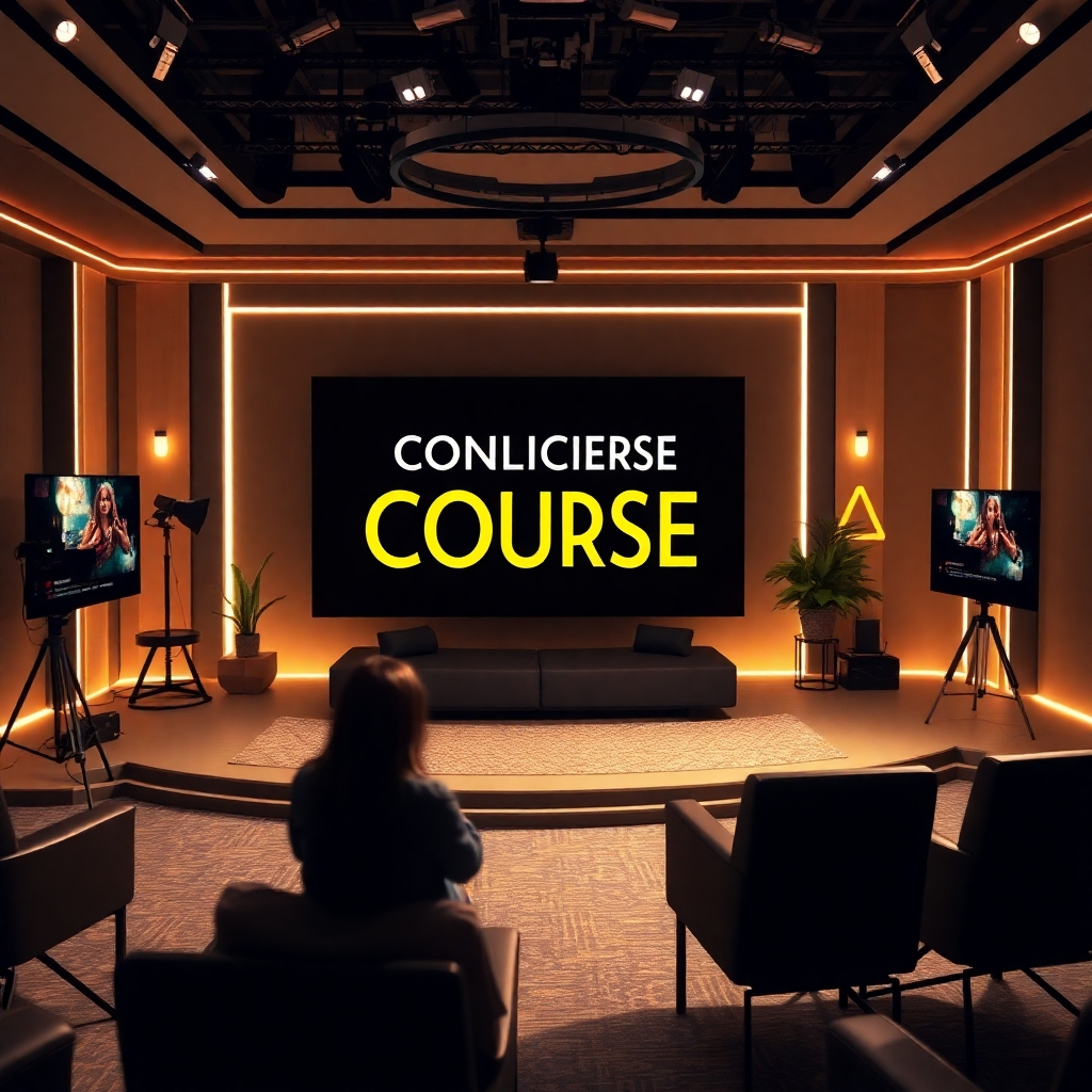 An elegant visual representation of a branded online course, featuring a well-designed course cover, polished videography, and graphics. Showcase a person presenting in a studio setting with professional lighting, emphasizing quality and branding.