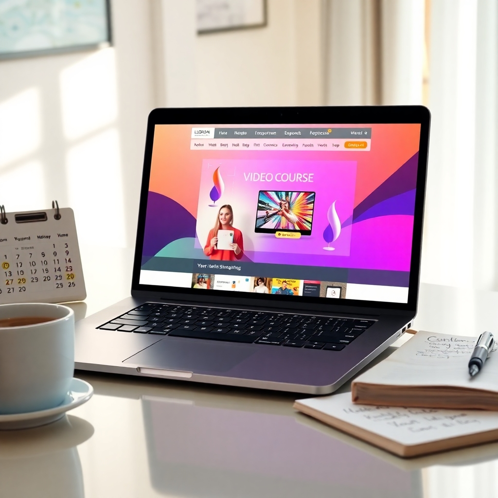 An elegant workspace featuring a laptop with a vibrant website displaying a video course for sale. Include elements like a calendar marked with marketing activities, a coffee cup, and a notebook with monetization strategies sketched out. Bright lighting creates an optimistic ambiance.