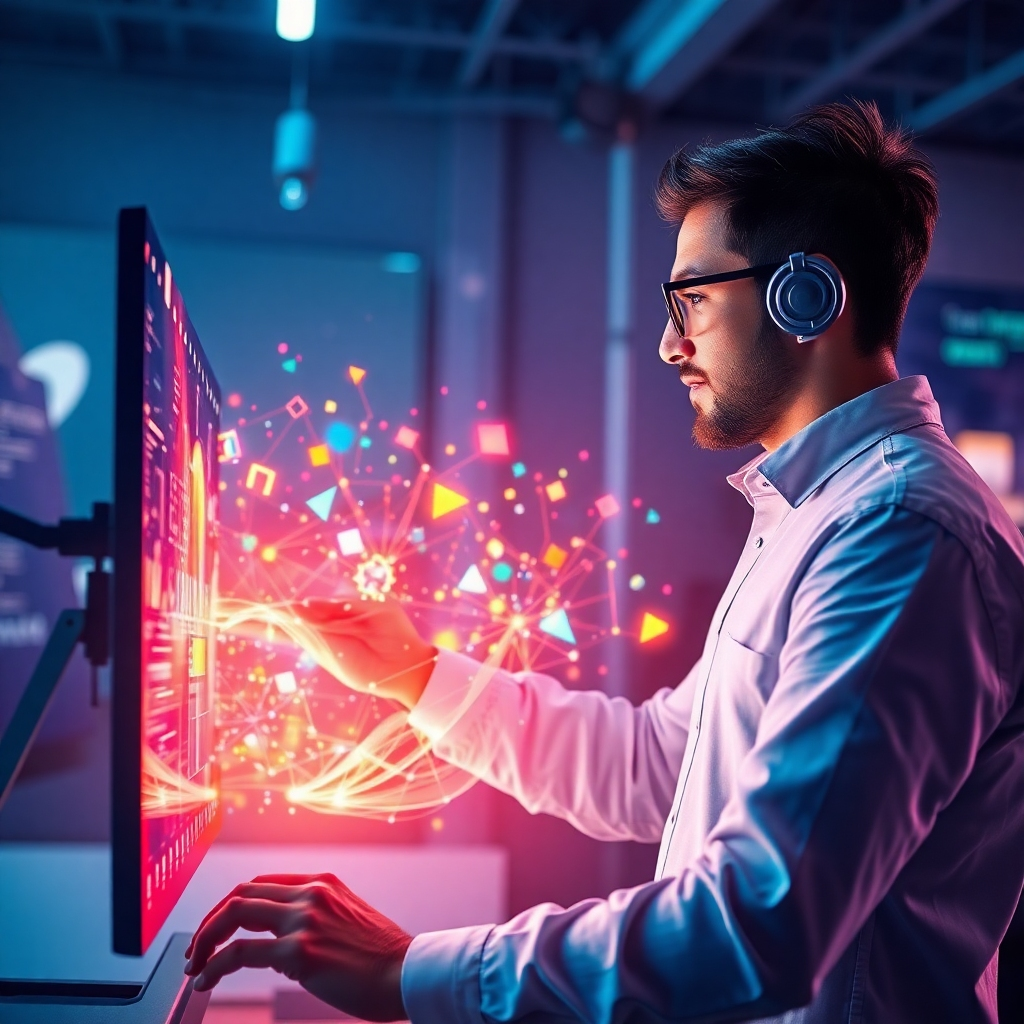 An empowering scene of a designer interacting with a futuristic AI interface, bringing their designs to life. Colorful graphics and elements flow dynamically from the screen, symbolizing the unlimited potential of AI in design. The lighting in the room is bright and innovative, with a digital ambiance that feels cutting-edge. This image should be photorealistic and capture the essence of power and creativity, reflecting the transformational impact of using MagicDesigners Suite for unlocking design potential.