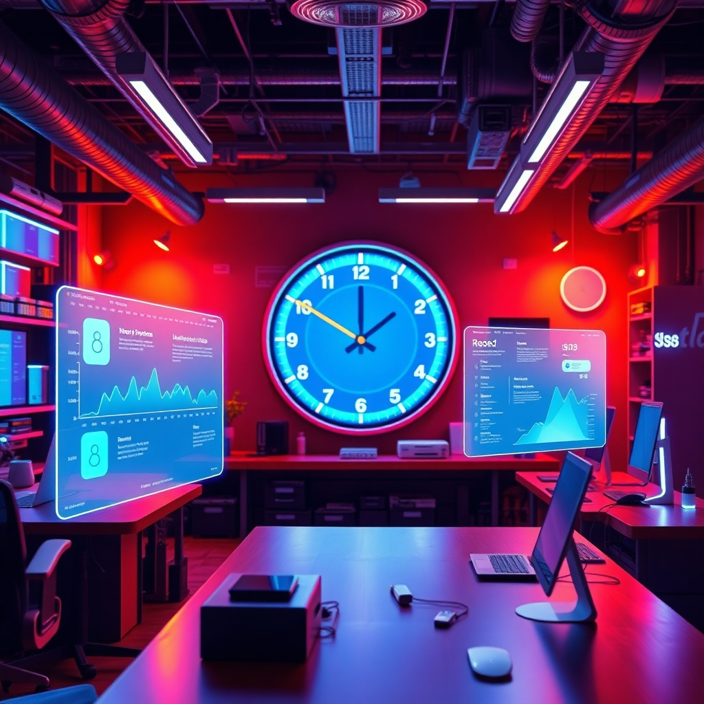 An energetic, futuristic workspace with holographic displays showing timelines and app prototypes. A clock in the background indicates speed, while a vibrant, dynamic atmosphere presents the concept of rapid app development and innovation.
