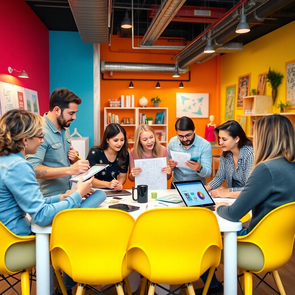 An energetic group meeting in a vibrant design studio, brainstorming ideas with sketches and design software visible on their devices. The environment buzzes with creativity, featuring colorful walls and inspiring design elements around. The lighting is energetic, with bright plastic chairs and modern design decor. This high-quality, photo-realistic image should reflect the excitement of a creative venture, emphasizing teamwork and collaboration in monetizing designs through MagicDesigners Suite.