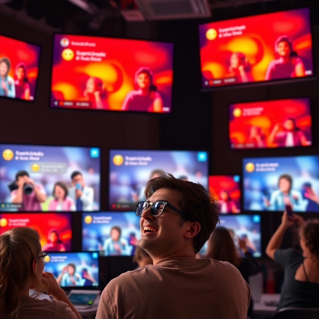 An energetic scene of a live streaming session with various viewers engaged on multiple screens, showing vibrant comments flowing, virtual emojis, and a creator looking enthusiastic while interacting with their audience during a live broadcast.