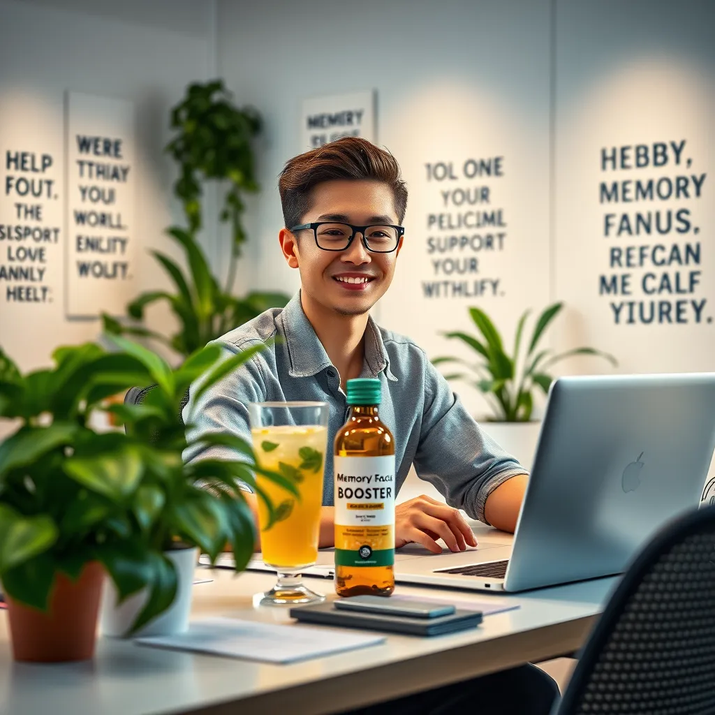 An energized workspace showcasing a young professional at a desk filled with plants, a laptop, and a glass of the Memory and Focus Booster tonic. The background features motivational quotes on the walls, highlighting daily support and vitality in a modern, inspiring office setting.