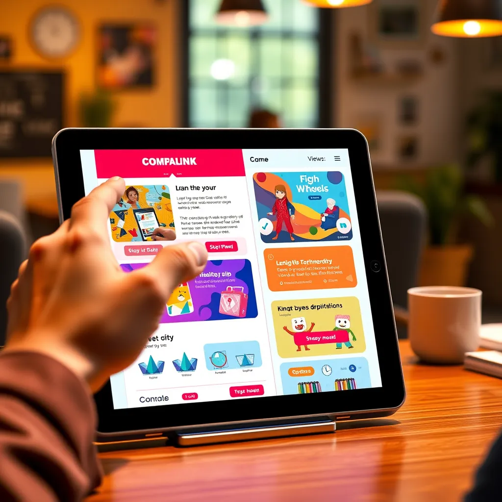 An engaging, photorealistic image of a hand clicking on a vibrant email campaign displayed on a tablet. Features colorful emails with rich visuals, animated call-to-action buttons, and icons of products being marketed, set against a lively workspace background.