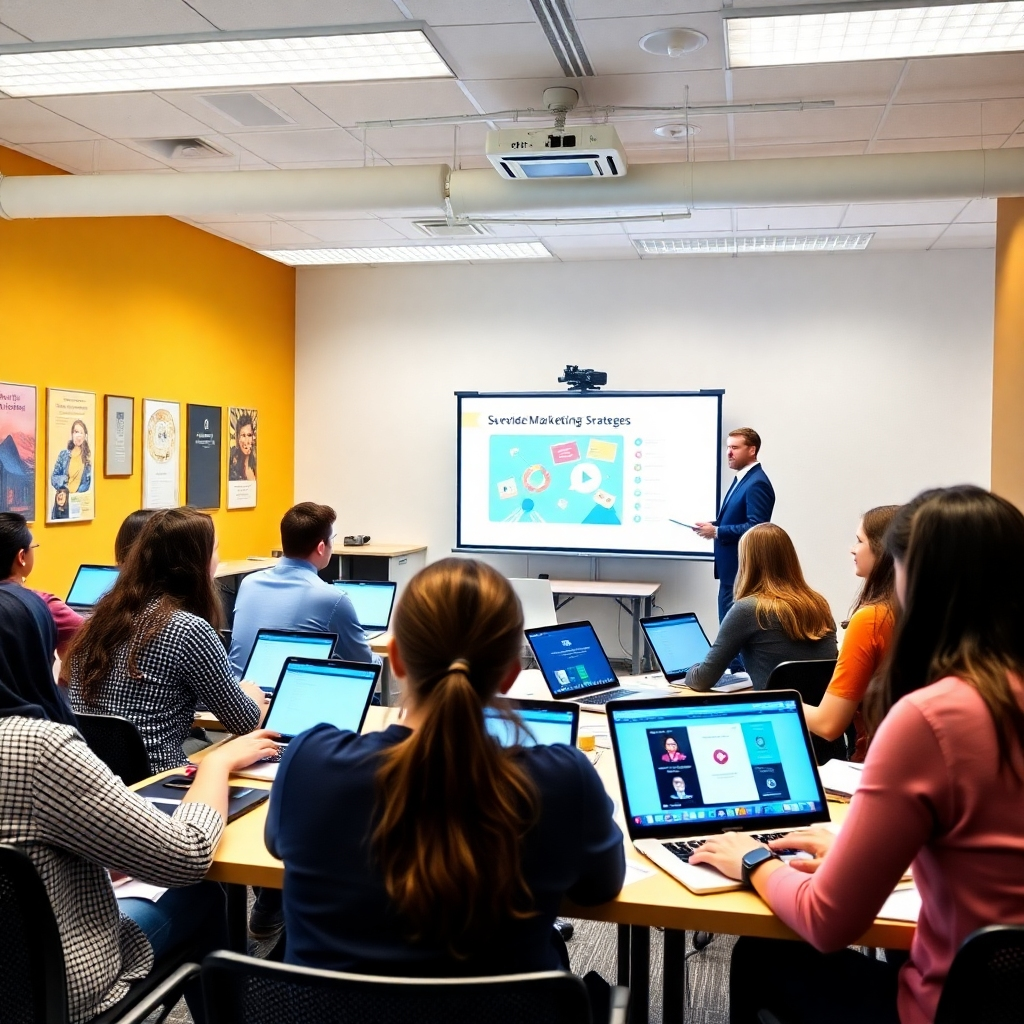 A stylized, photorealistic representation of the QuickVSL software interface on a modern desktop. The screen displays step-by-step video creation tools, with vibrant graphics and user-friendly icons. A well-lit office environment surrounds the workspace, emphasizing productivity. The color scheme is filled with energetic tones, creating a fun, engaging atmosphere. This image should evoke a sense of ease and functionality.