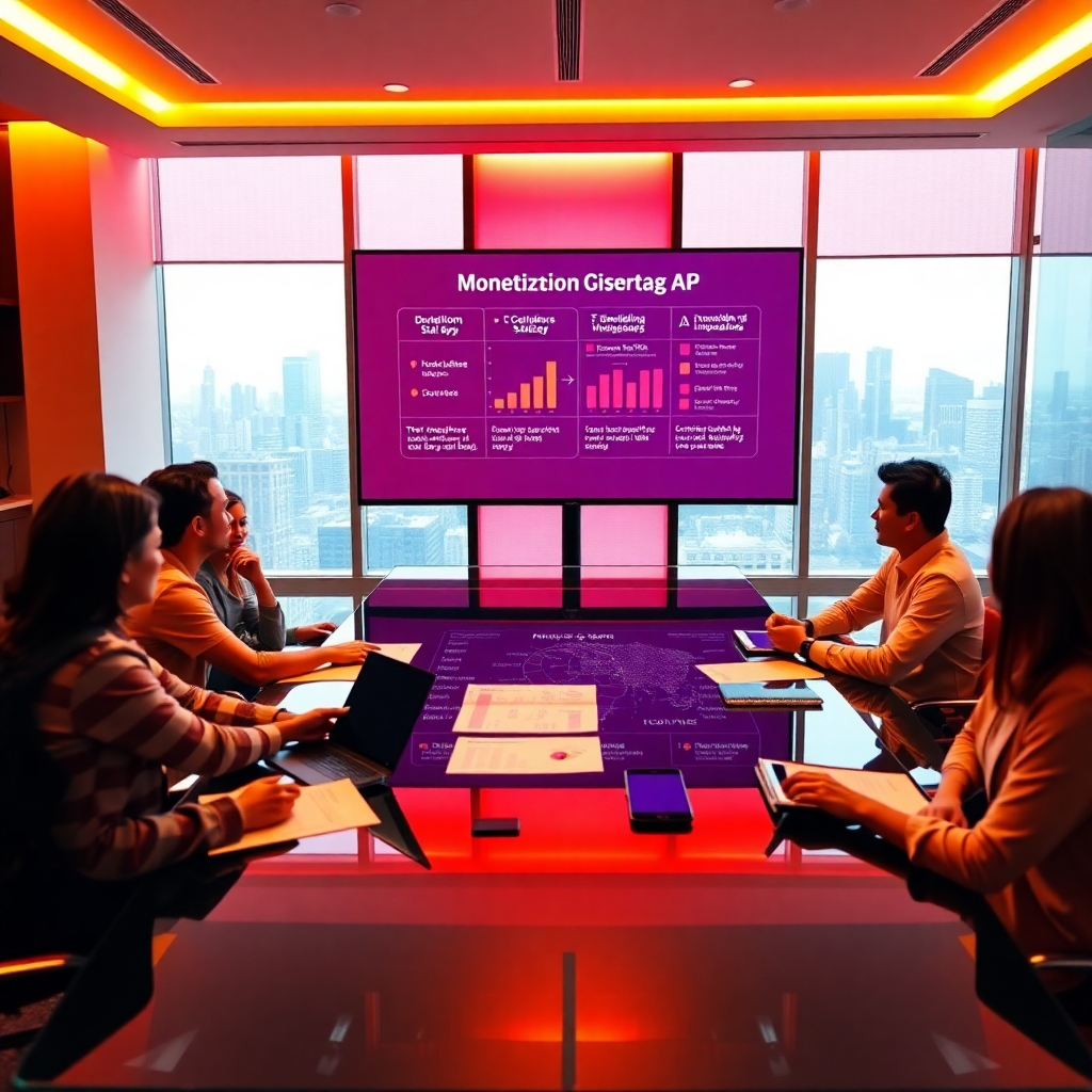 An engaging conference room scene with a presentation screen showcasing a detailed monetization strategy for an AI app. Warm, inviting lighting bathes the room, creating an atmosphere of collaboration. The color palette features rich reds and golds, symbolizing wealth and opportunity. The camera angle captures a dynamic view of diverse team members engaged in discussion around a sleek glass table. Papers, charts, and digital devices populate the table, fostering a sense of teamwork. Background elements include a large window with a city skyline, hinting at ambition. Style references a 'corporate yet creative environment’, depicted in ultra-detailed 8K resolution, ensuring a polished, professional look.