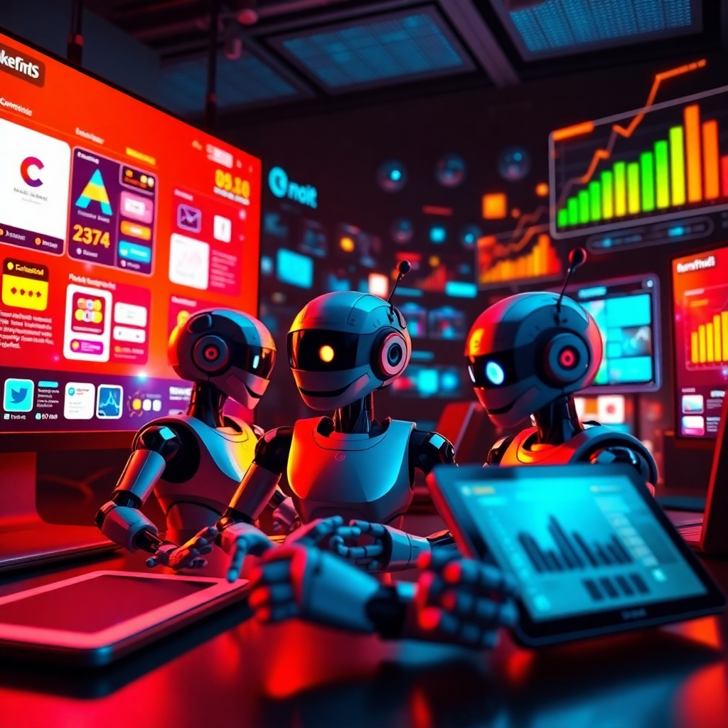 An engaging digital marketing landscape featuring AI bots orchestrating campaigns across various digital platforms. The composition showcases lively, colorful screens displaying social media, email, and advertisement campaigns while the bots work collaboratively. Dramatic side lighting casts shadows that create a sense of depth and urgency. A warm color palette with vibrant oranges and yellows suggests creativity and ambition. The perspective is eye-level, capturing the playful interaction between bots and virtual spaces. Textures include digital screens and holograms reflecting glossy finishes. Environmental elements like abstract marketing graphs and charts float in the background, depicting growth. Incorporate props like tablets and smart devices used by bots, exhibiting a futuristic marketing office theme. The style references energetic digital artwork, presented in high-definition 8K resolution for stunning clarity.