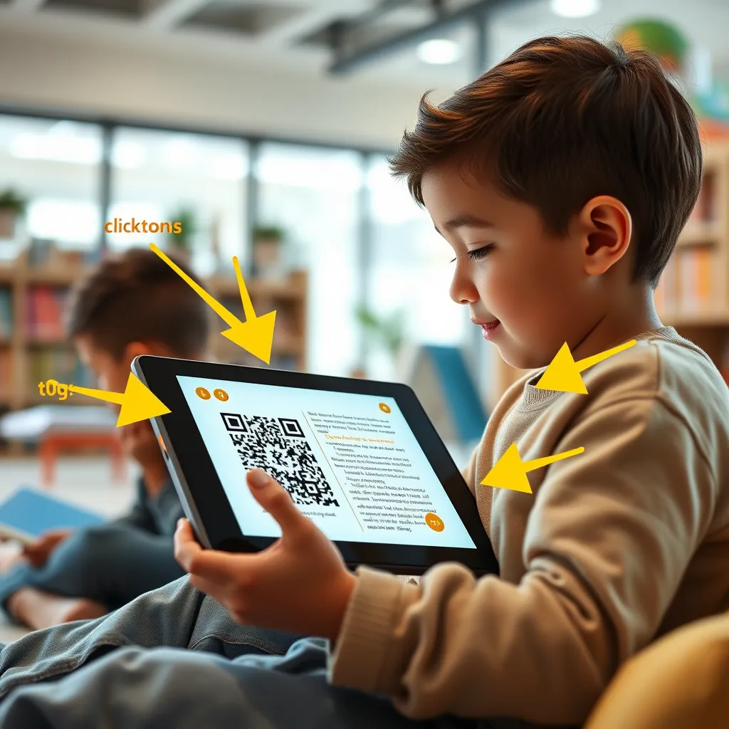 An engaging digital scene of a reader on a tablet, with visible interactive elements like clickable buttons and QR codes around the book interface. Bright arrows point to these elements, showcasing a dynamic interaction. A friendly, modern learning environment adds to the appeal.