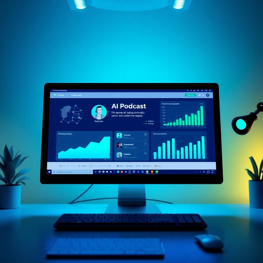 An engaging image depicting a user-friendly interface of AI podcast software on a computer screen, surrounded by engaging visuals such as charts and graphs indicating growth. The composition uses bright blues and greens for a fresh feel. Soft lighting surrounds the screen, enhancing focus on the technology. The environment appears modern and tech-savvy. Technical specs: 4K resolution, high quality.